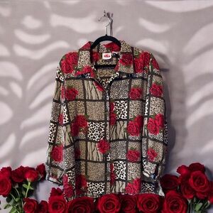 Alia Petite Vintage Red Rose and Animal Print Button-up Top